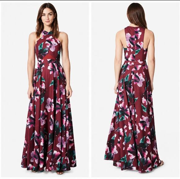 Fame and Partners Dresses & Skirts - Fame And Partners Burgundy Floral Hummingbird Print A Line Gown Size 2